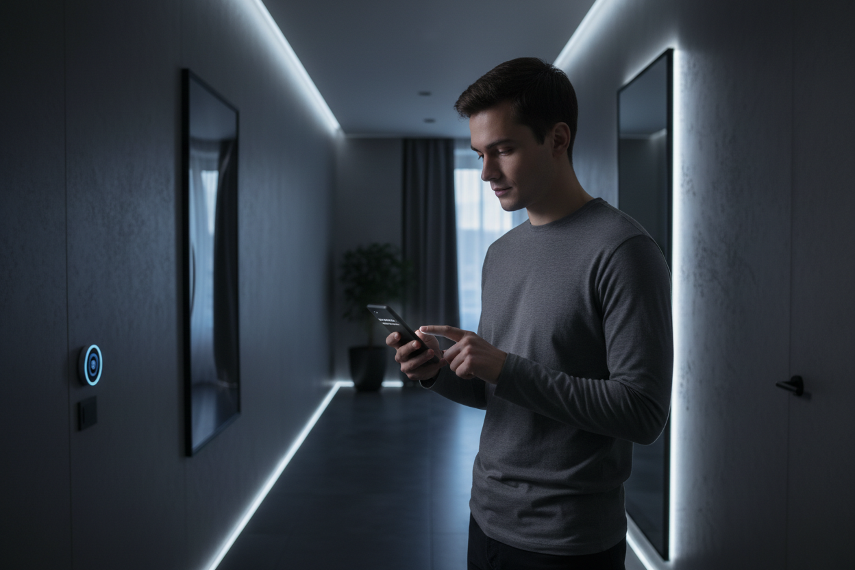 Axion Entry Sensor – lifestyle shot of person checking phone alert in modern hallway