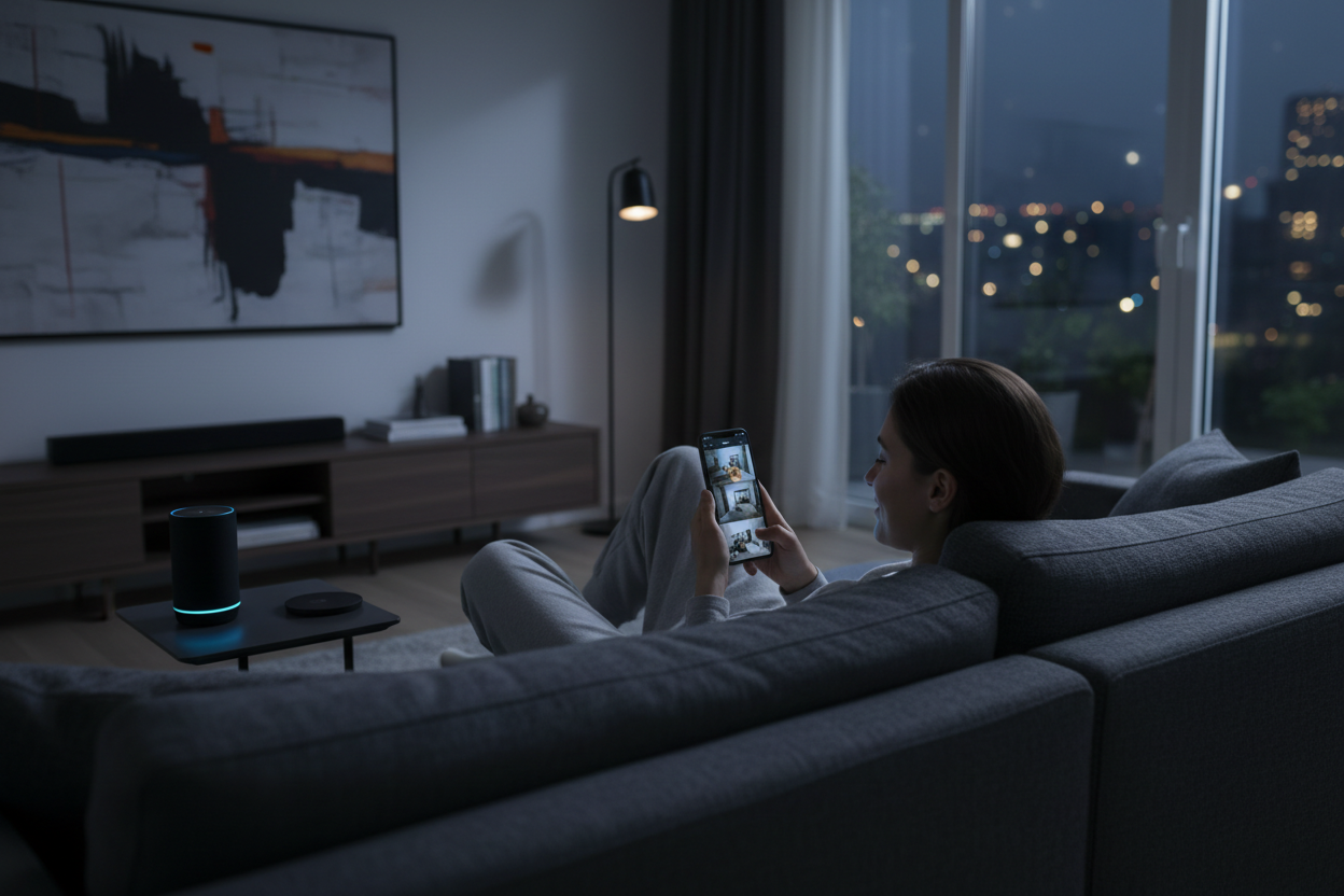 Axion Home Cam – lifestyle shot of person checking live camera feed on smartphone